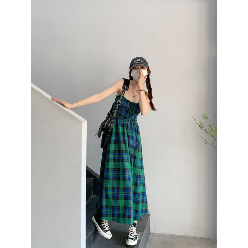 阳小哥法式复古格子连衣裙感度假绑带露背收腰小众长 图片色 l