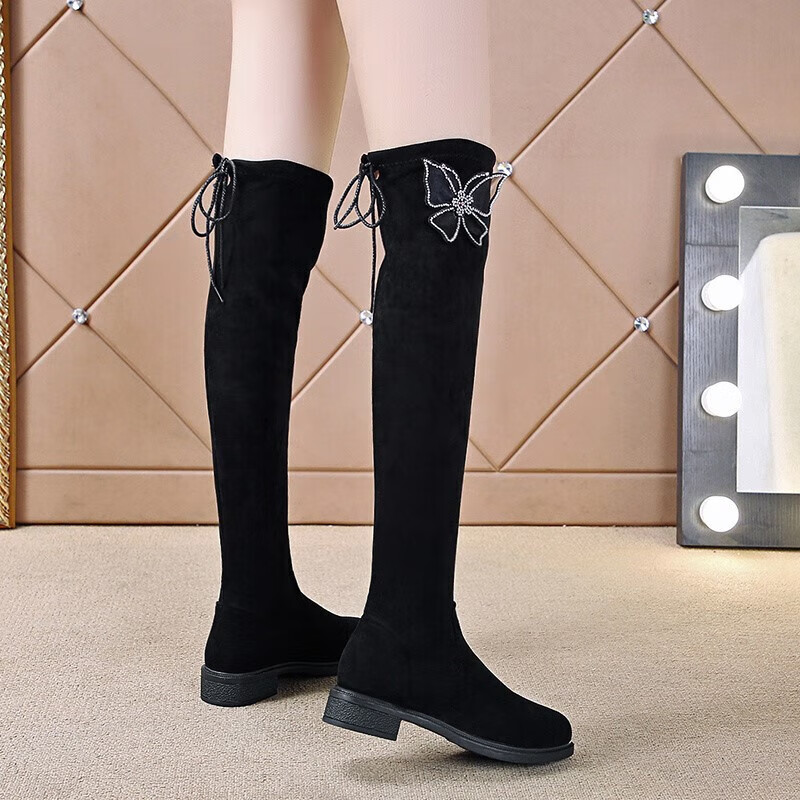 青少女生平底过膝长靴长筒靴子女秋冬百搭秋天穿的弹力靴韩版加绒高筒