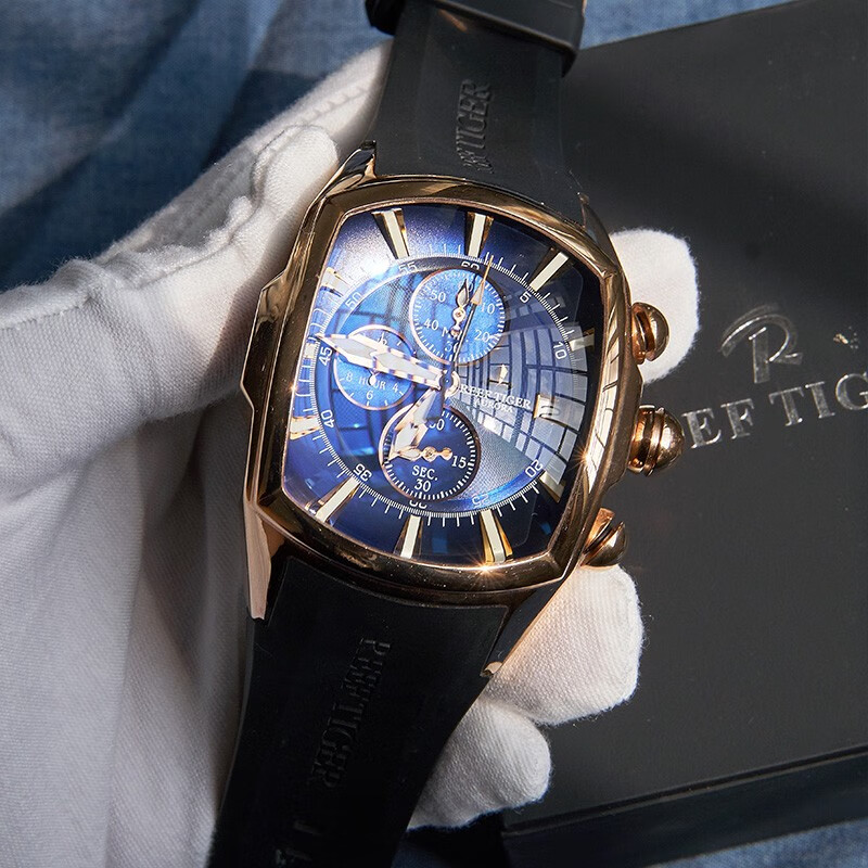 瑞夫泰格(reef  tiger) 手表男石英表酒桶型大表盘长方形男表时尚型男