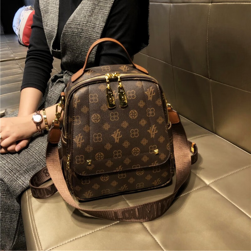 迈克史密斯双肩包女新款时尚百搭大容量女士通勤简约书包旅行多用小背包 咖棕色