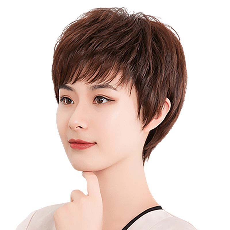唐妮  假发女短发纹理烫妈妈短卷发中老年真人发丝发套女全真发假发