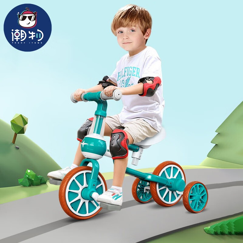 潮物 儿童三轮车脚踏车变形1-3-6岁宝宝多功能溜娃神器幼儿小孩平衡车滑步车脚踏自行车 绿色
