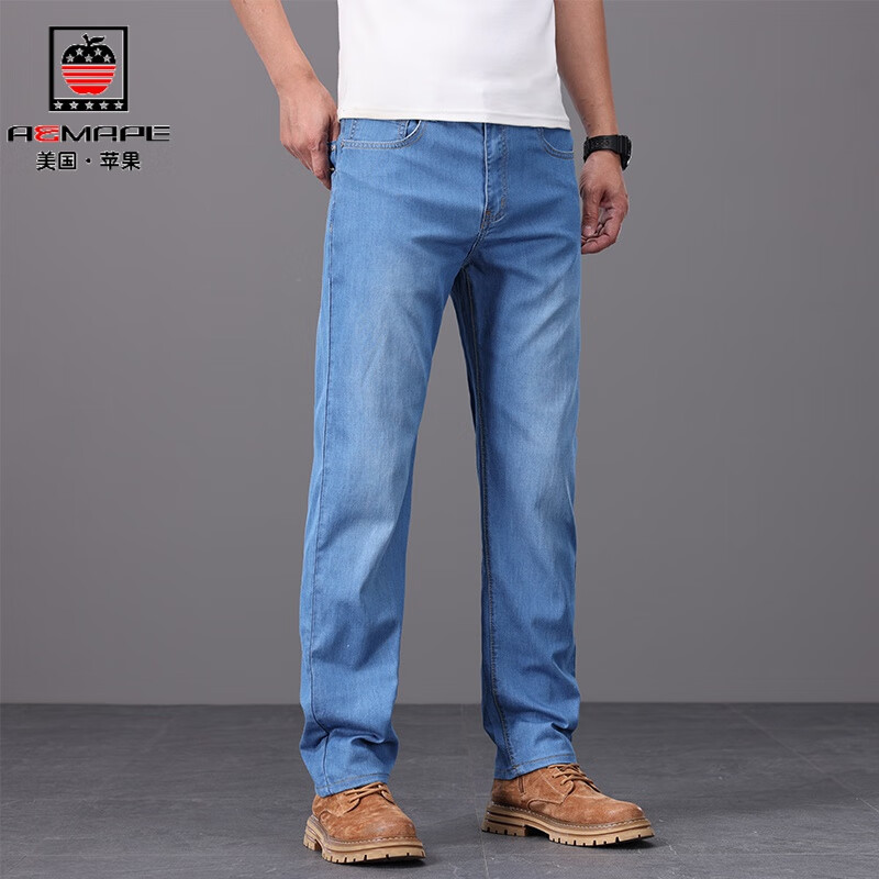 aemape美国苹果2024新款牛仔裤男夏季薄款直筒宽松水洗男裤弹力百搭