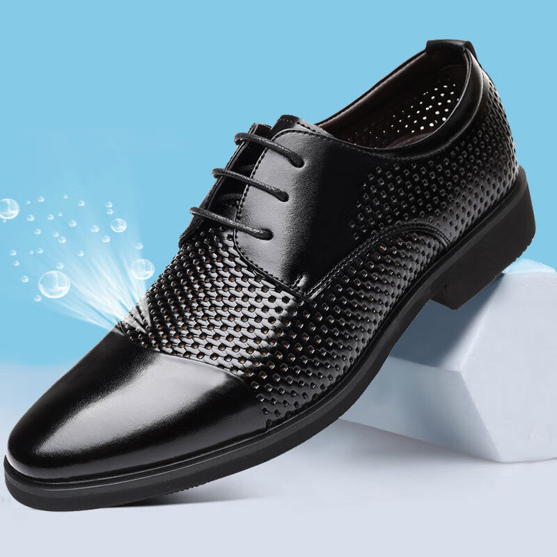 凯逸弗男士凉鞋夏季新款镂空透气皮凉鞋真皮商务正装皮鞋休闲鞋男 黑色凉鞋 38