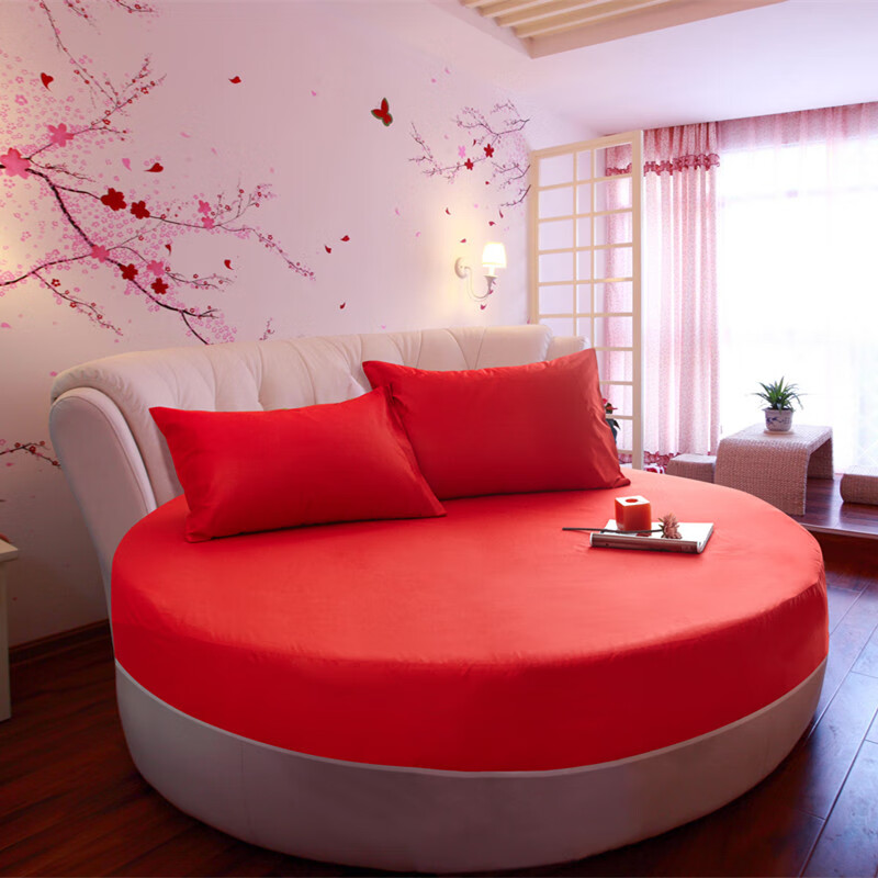 全纯棉圆床床笠床罩圆床床笠单件棉圆形床单床罩宾馆床垫保护套 红色 直径2米圆床笠+枕套