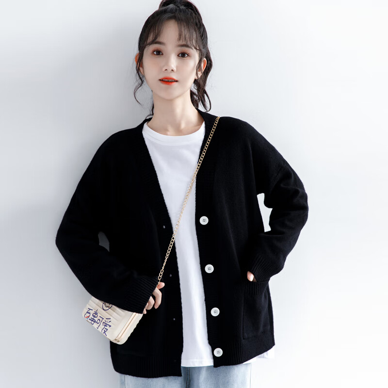 轻奢2021秋季新款慵懒风针织开衫外套女春秋韩版宽松黑色毛衣外搭上衣