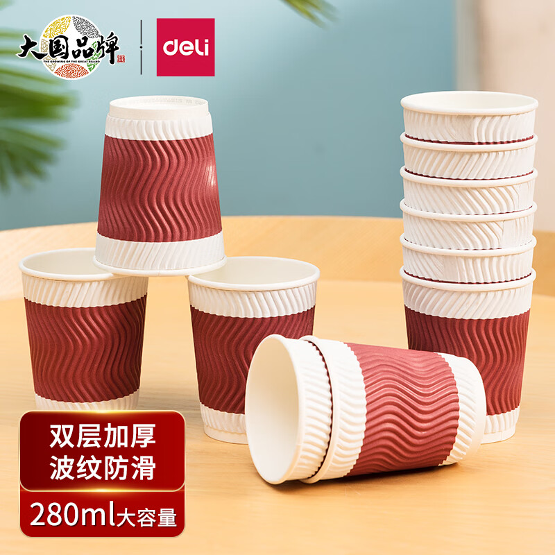 得力（deli）280ml一次性纸杯 杯子/水杯 防滑三层加厚波纹 红色 20只装 19206怎么看?