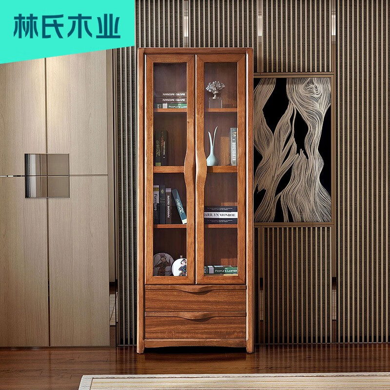 林氏木业 实木书架小户型客厅置物架现代简约新中式玻璃带门书柜
