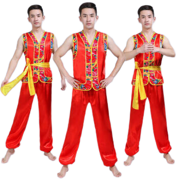 爵思朗新款打鼓服服裝演出服男秧歌服中國風(fēng)民族水鼓開場舞腰鼓服裝 紅色 L