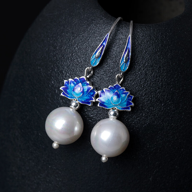 洛曼诗珍珠珐琅景泰蓝耳环女s925银气质长款大气复古民族风旗袍耳坠