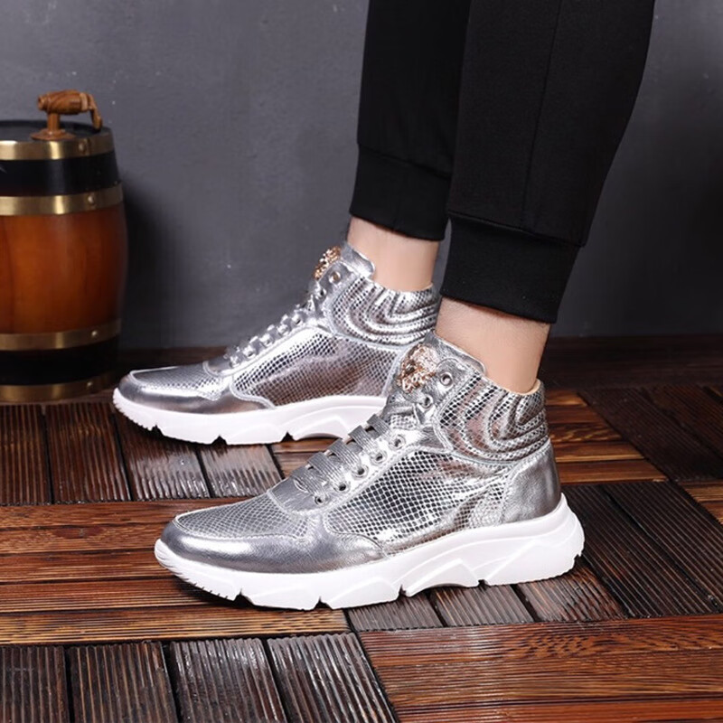 工厂货源批发男士漆皮高帮骑士鞋英伦板鞋银色厚底男鞋休闲鞋子潮