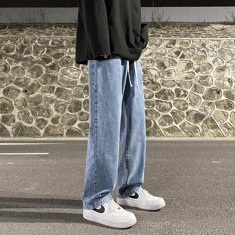 APYGQV朗威哲男款夏季寬松闊腿褲子男薄款痞帥休閑黑灰色直筒男士牛仔褲 松緊腰中藍色 S 建議90-105斤