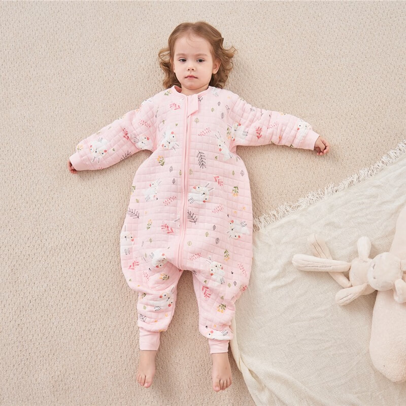 甜蜜礼物春秋冬季棉分腿睡袋婴幼儿童男女宝宝防踢被夹棉款秋冬季新款睡衣 空气层三拉头《18-24度》粉兔子 100码《身高90-100CM》2-4岁