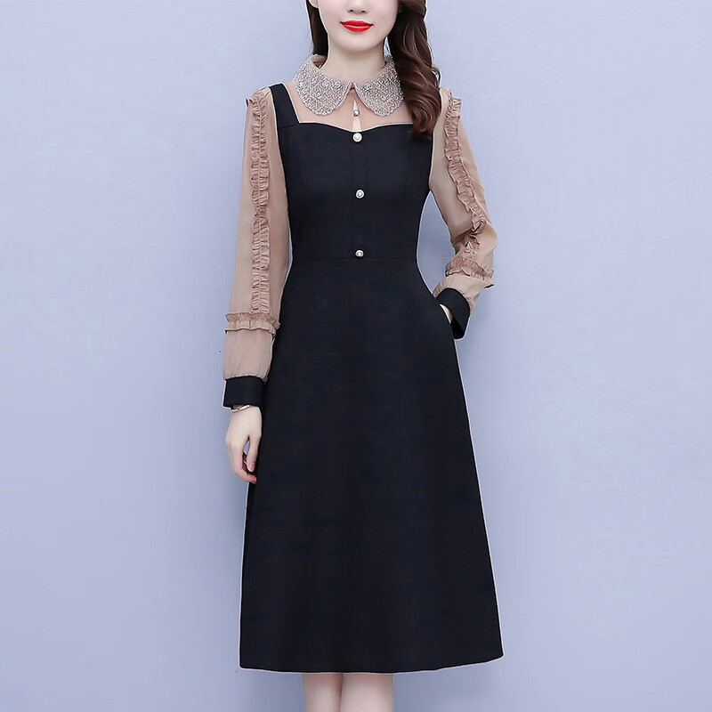 麦娅洛 秋季带领子的打底连衣裙长款有领黑色女春秋新款时尚洋气翻领