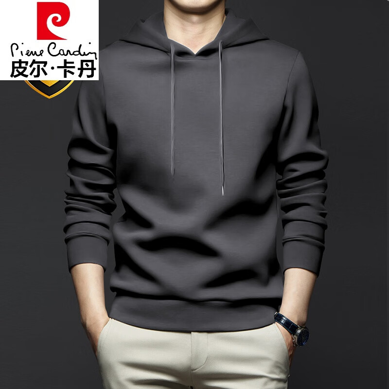 皮尔卡丹（pierre cardin）连帽卫衣男士薄款外套2025年春秋季新款纯色套头衫宽松连帽衫上衣 连帽款-深灰色 M 适合95-115斤