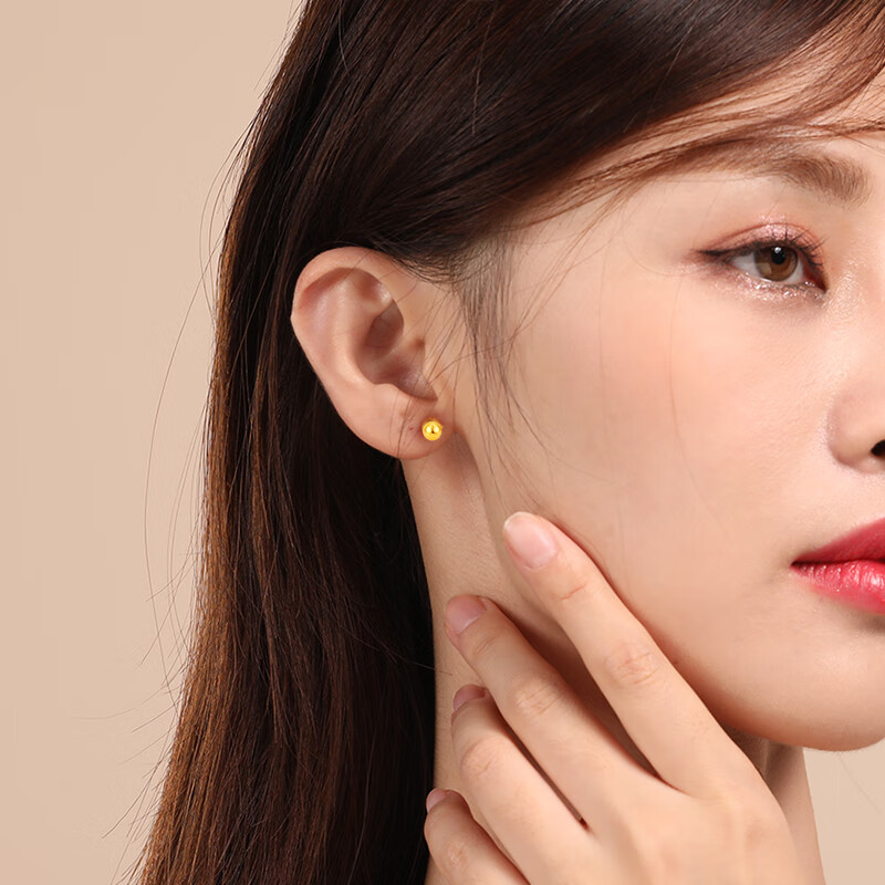 lpez老凤凰黄金耳钉女圆球足金999耳钩豆豆耳饰养耳洞送女友送老婆礼