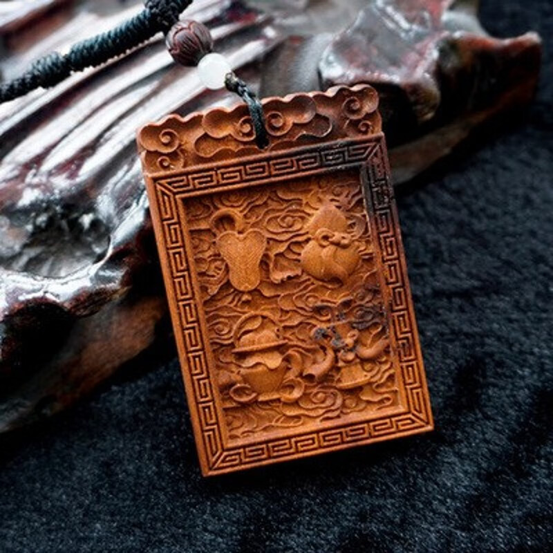 青鹊凰 雷击枣木暗八仙无事牌吊坠项链 天然木质雕刻八宝纹车挂件