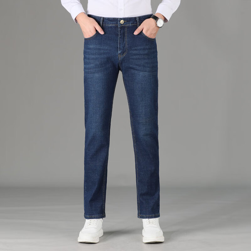 卡帝乐鳄鱼牛仔裤男直筒宽松弹力大码四季款休闲长裤子水洗潮牛仔 MDN23009 蓝色 33 