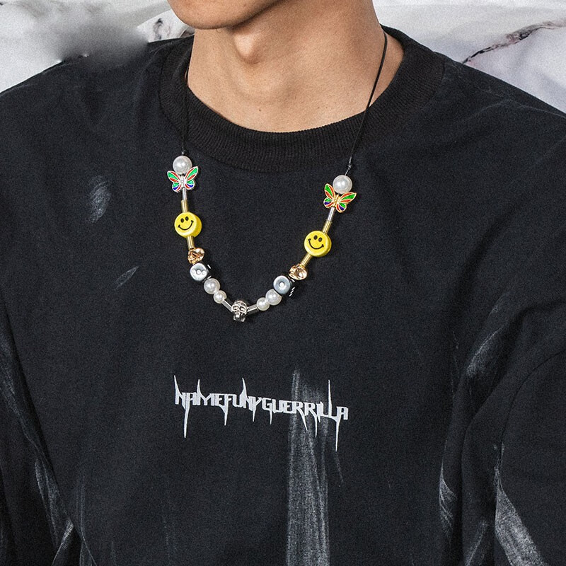 九鹿美兮项链男潮街头个性百搭钛钢毛衣链嘻哈asaprocky笑脸蝴蝶个性