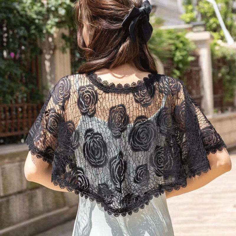 外搭防晒蕾丝斗篷披风韩版时尚百搭透气装饰丝巾 白底玫瑰蕾丝披肩