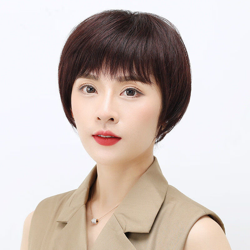 美蝶真发假发女短发中年妈妈头发少中老年短直发真人发丝全头套式自然