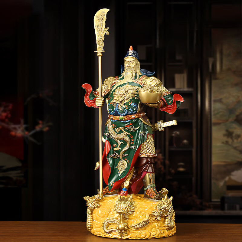 吉善緣《九龍關(guān)公》全銅關(guān)公擺件 豎刀關(guān)二爺關(guān)羽神像家居客廳辦公室公司供奉佛像武財(cái)神裝飾品喬遷開業(yè)禮品 小號(hào)九龍關(guān)公（元寶）