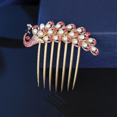女士古风发梳盘发插发少女插梳水钻新娘发饰头花发卡子后脑勺簪子 七齿-粉孔雀插梳