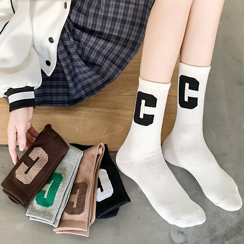 伦洛弗袜子女中筒袜大c字母棉质袜子ins潮网红款外穿鲨鱼裤配的袜子