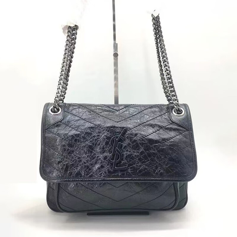 【二手95新】ysl/圣罗兰 niki女士链条包 黑色复古褶皱单肩斜挎包