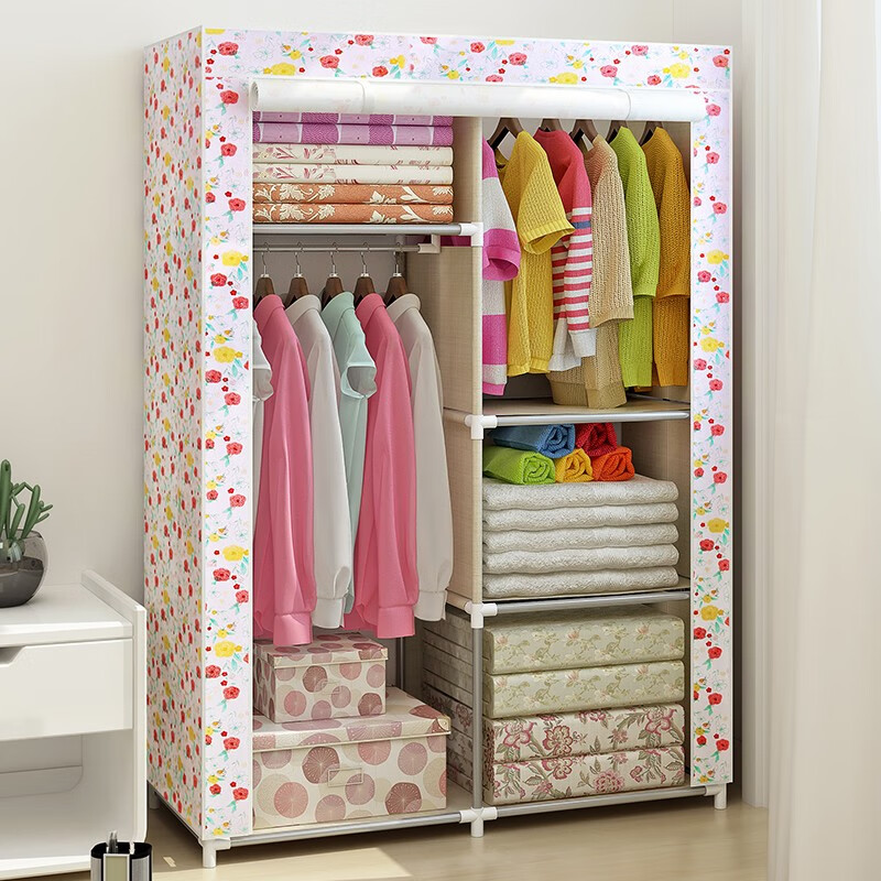 伊在家 简易衣柜单人布衣柜加厚加粗加固全钢架组装衣橱衣服柜子 温馨