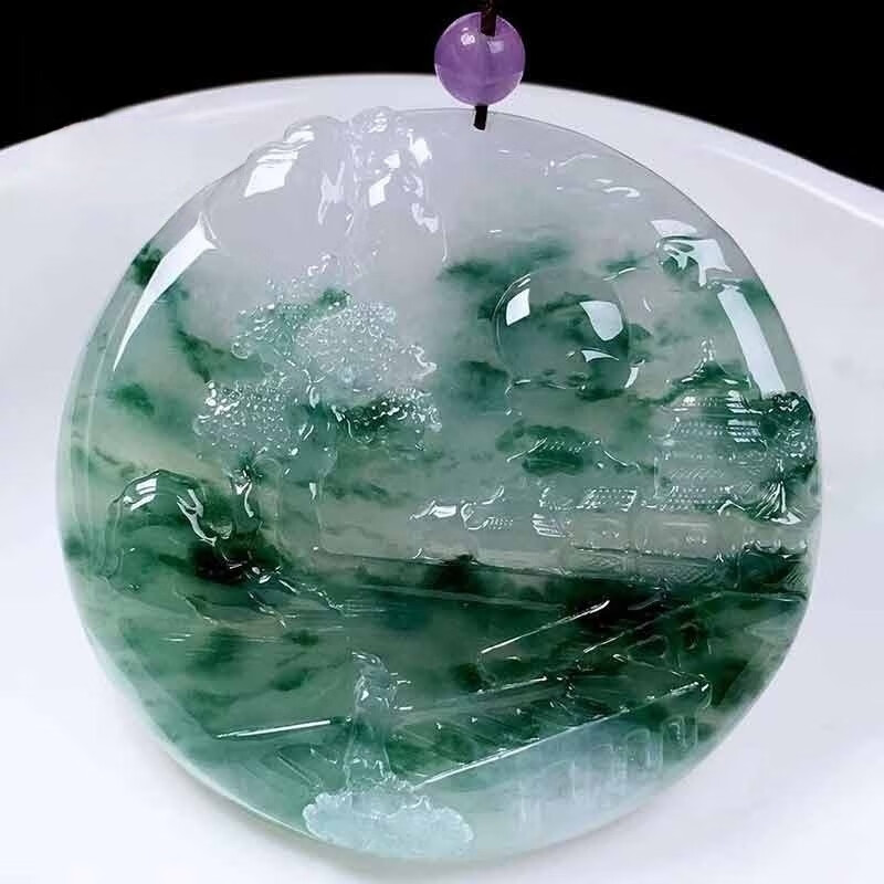 爱尚轩翡翠飘花山水人物圆牌缅甸老坑玉石雕刻冰种吊坠挂件男 吊坠