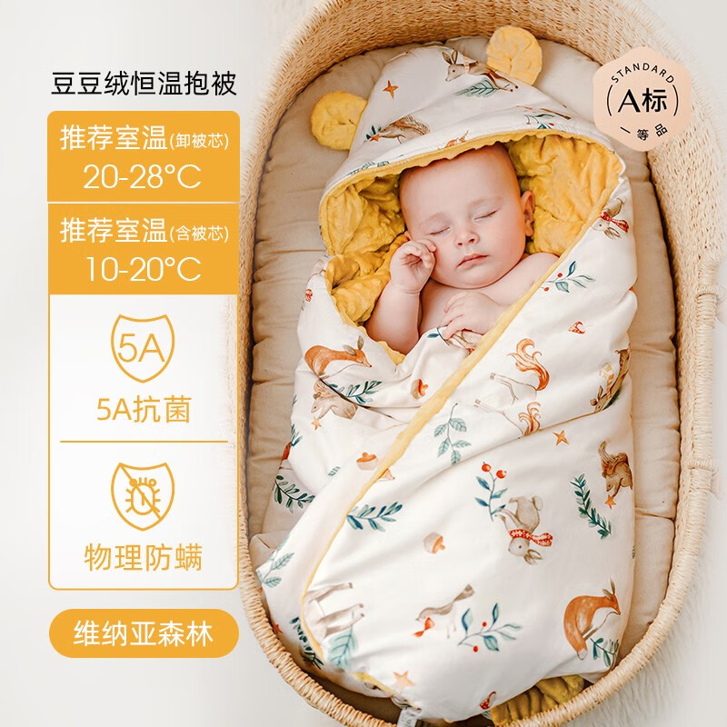 嫚熙（EMXEE）婴儿包被新生儿豆豆绒抱被宝宝秋冬季通用包单防惊跳 纳维亚森林（内芯可拆 10-28℃） 90*90cm