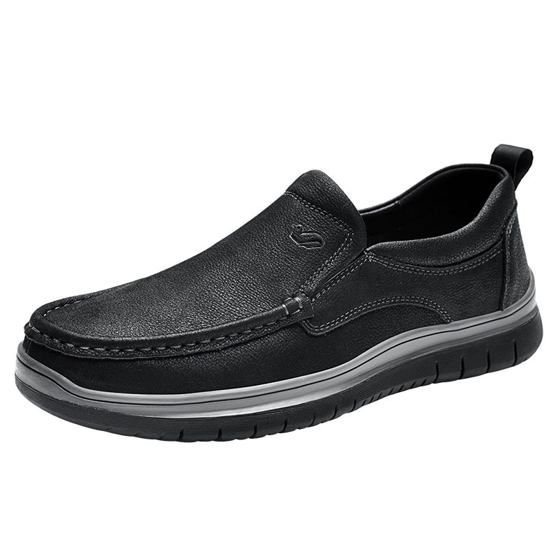 富貴鳥(niǎo)一腳蹬男鞋真皮軟底休閑鞋男士皮鞋男套腳透氣爸爸鞋子男豆豆鞋 黑色 41