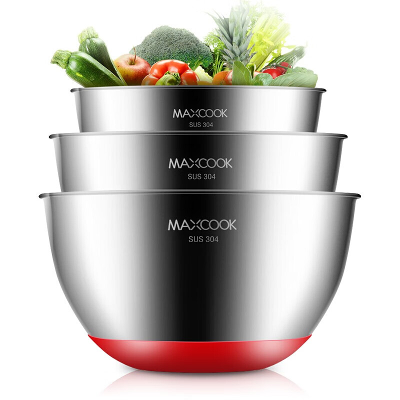 美厨(maxcook) 304不锈钢盆圆形厨房家用加深加厚盆套装汤盆面带刻度