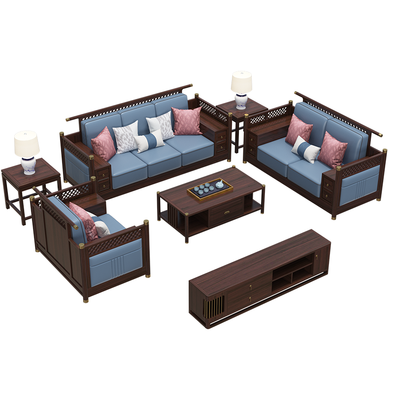 轩仕居 新中式乌金木实木皮艺沙发 单双三人客厅沙发组合客厅整装单人位沙发椅休闲沙发椅洽谈沙发禅意 电视柜