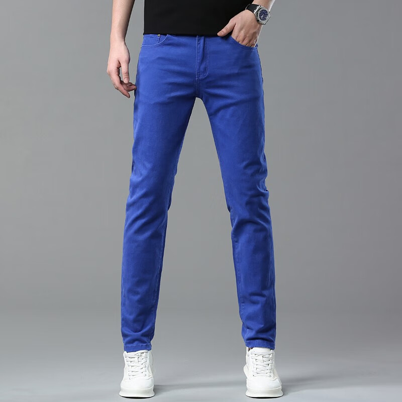 迪欧图(dioutu)时尚彩蓝色薄款牛仔裤男士夏季流行的修身显瘦小脚裤