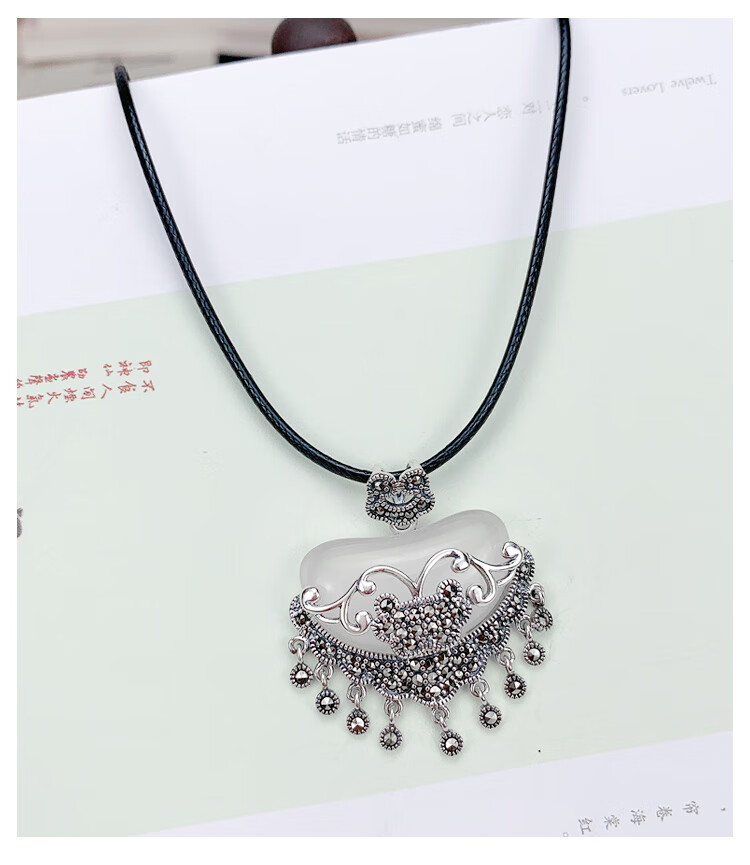 君吻【生日礼物】925银复古如意锁流苏项链女复古风大气镶 吊坠 40