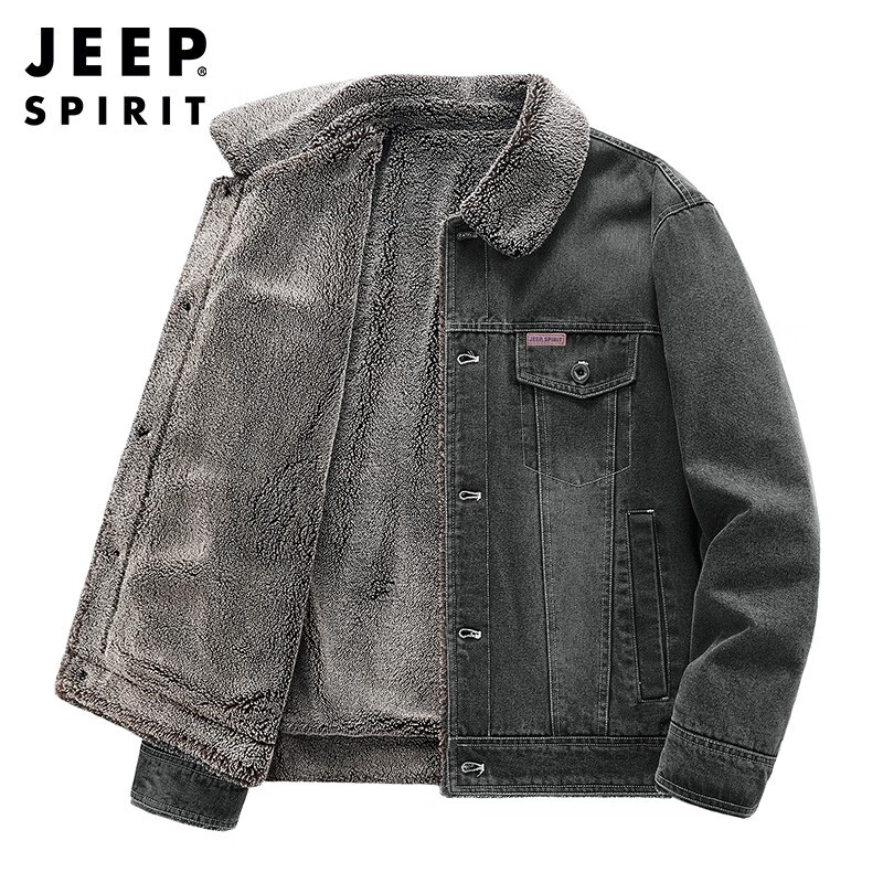 jeep吉普羊羔绒棉服男士翻领牛仔服夹克男冬季短款加绒加厚保暖棉衣