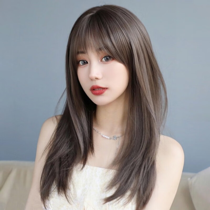 纵美 假发女长发自然全头套式斜刘海中长发2022年时尚新款发型 冷棕色