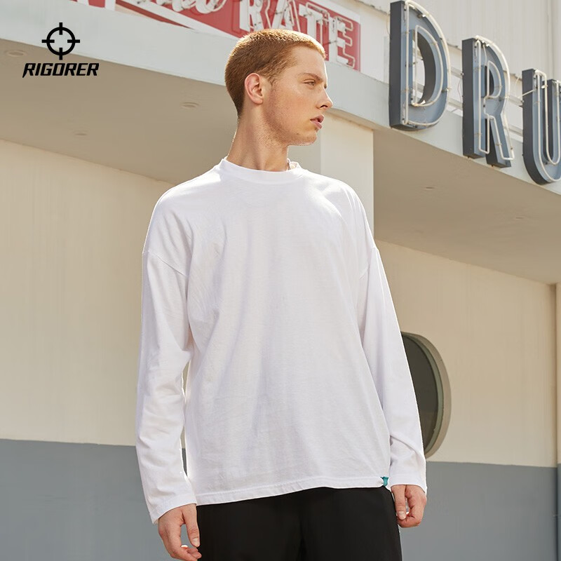 准者长袖运动T恤春季新款男女跑步宽松圆领套头上衣体恤纯色打底衫潮 纯白色 M (175-180CM)