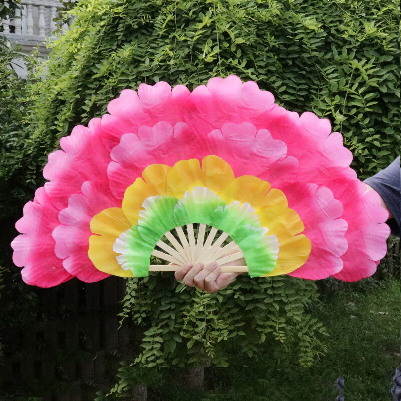 嵐束舞蹈扇子一對跳舞扇廣場舞扇子牡丹花扇雙面左右手膠州扭秧歌扇子 四層（三色梅紅）直徑86cm 右手