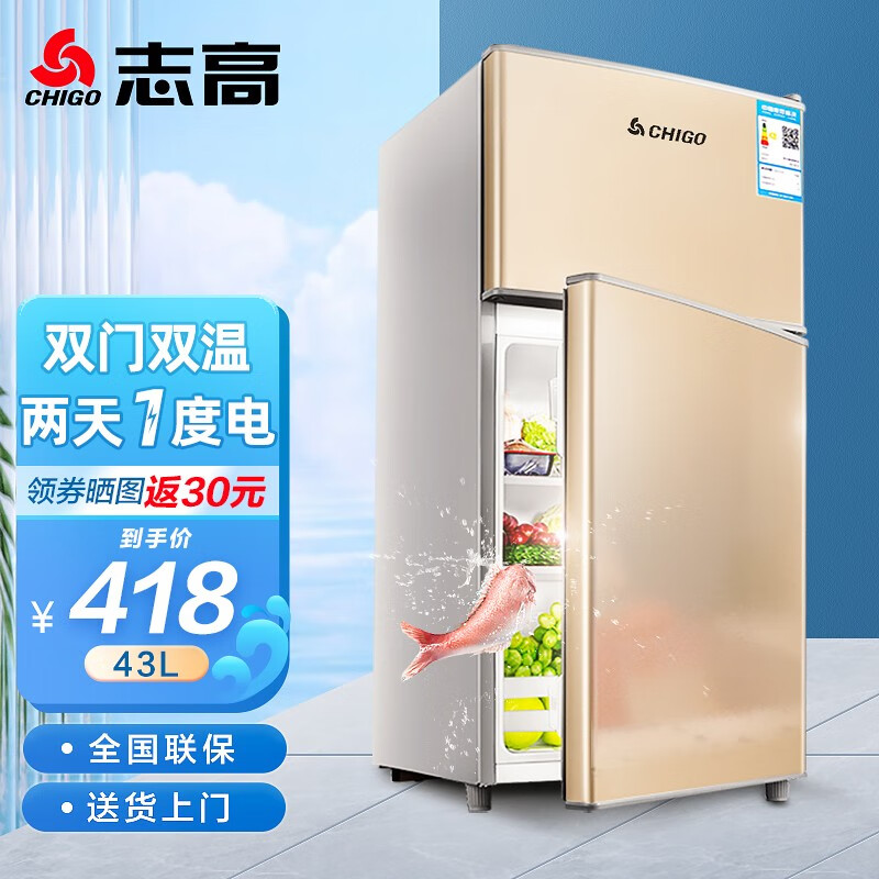 志高（CHIGO）「送货上门」 双门冰箱小型电冰箱 迷你家用小冰箱宿舍冷冻冷藏冷冻节能特价 「BCD-43P128-43L金色」