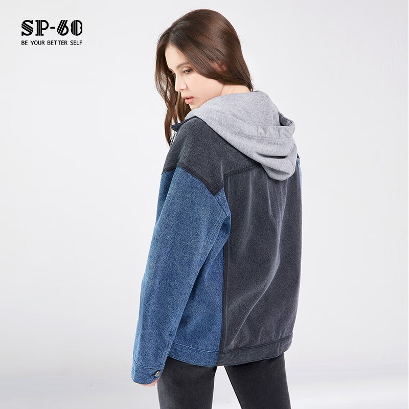 SP-68牛仔外套女秋款灰蓝拼接牛仔连帽卫衣百搭宽松韩版水洗牛仔夹克 Y-NZ137 均码