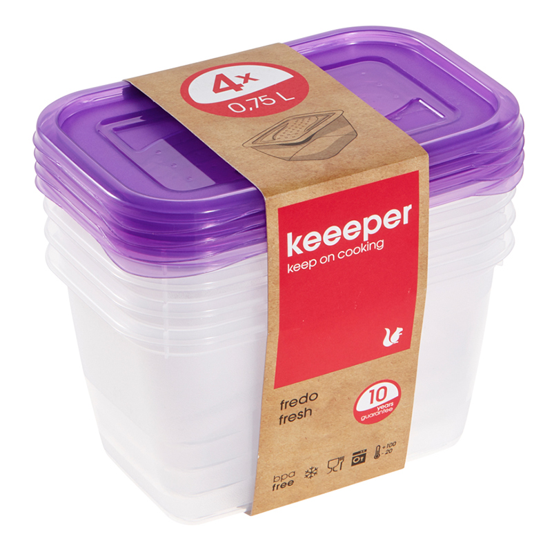 keeeper 欧洲进口食品保鲜盒冰箱收纳盒塑料密封盒可冷冻可微波消毒洗碗机饭盒便当盒套装 超轻薄款 紫色 Fredo 0.75L  四件套
