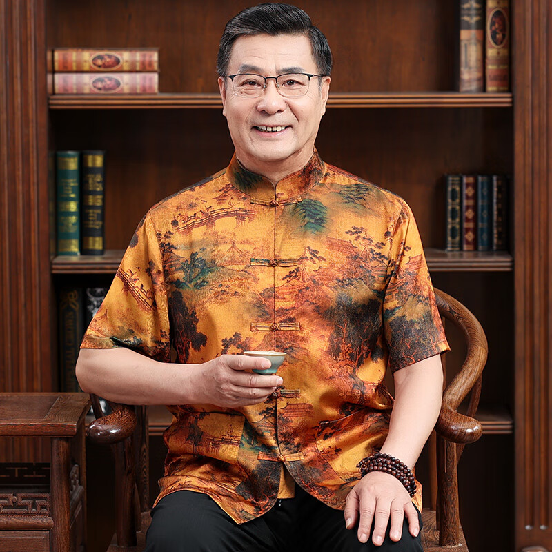 元渃香云纱男装 唐装男桑蚕丝短袖中老年香云纱爸爸套装衣服中国风衬
