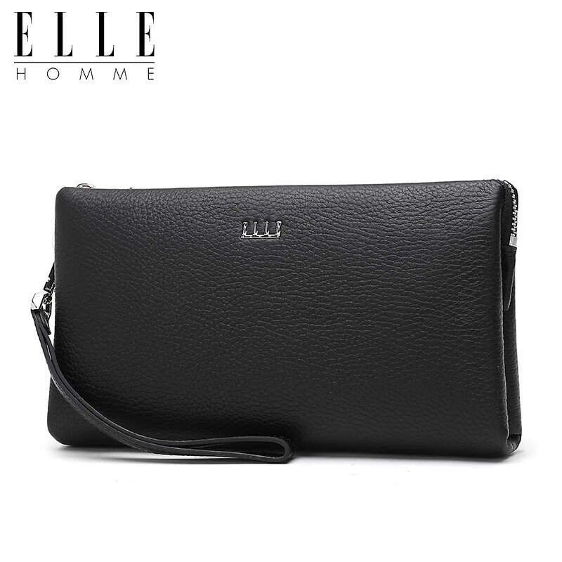 ELLE HOMME男士手包 头层鹿皮拉链钱包大容量手拿包时尚男包EB282300450黑色 生日礼物送男友