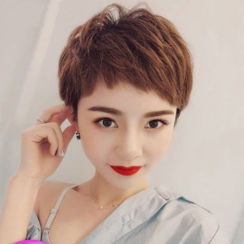 千丝雅  假发女短发圆脸全头套式真人发丝时尚妈妈款全真发假发套自然