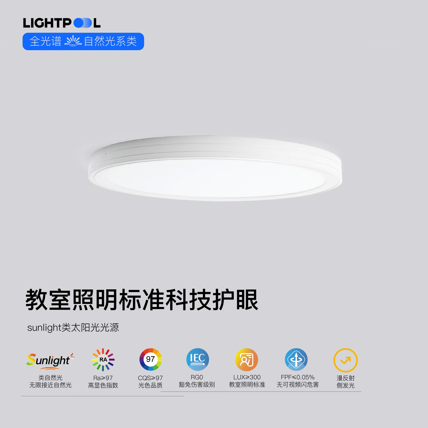 LIGHTPOOL 全光谱吸顶灯 客厅儿童书房 卧室 rg0低蓝光防频闪led护眼吸顶灯 50W 15㎡内适用 3500lm 超薄三色侧发光