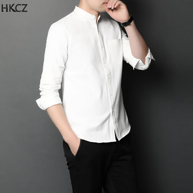hkcz中年无领衬衫男士长袖立领装上衣春秋薄款圆领商务休闲衬衣 6677