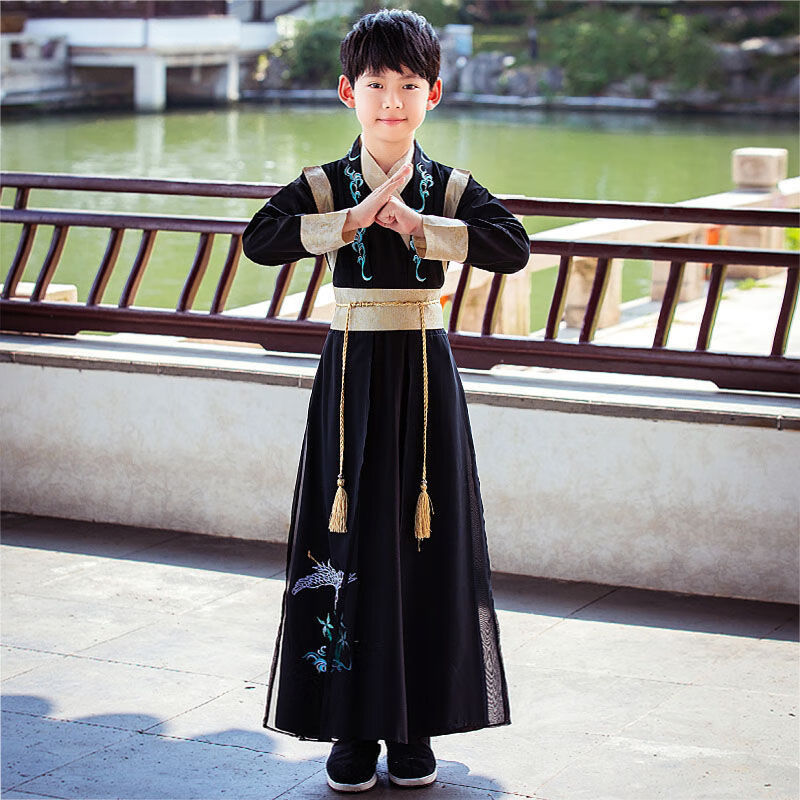 汉服男童古装春秋薄款长袖中国风小男孩古风帅气黑色套装 黑色 长剑
